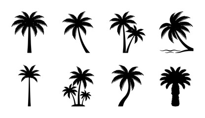 Fototapeta premium Palm Tree Silhouettes Set: Tropical Island Flora, Beach Vacation Icons, Summer Travel Vector Graphics