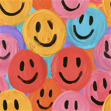Cheerful seamless pattern with hand painted colorful smiley faces in red, yellow, blue, pink, and purple creating joyful mood