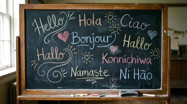 Chalk written multilingual greetings on blackboard no people