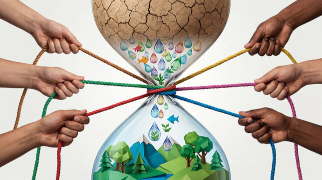 Diverse hands pulling ropes tied to hourglass with cracked earth above and green landscape below symbolizing climate action and environmental restoration