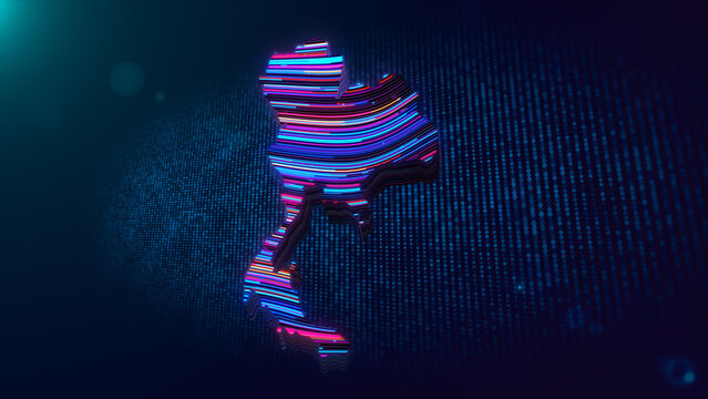 Abstract Thailand map rendered as a glowing 3D landscape with colorful neon lines, deep blue particles, grid patterns, atmospheric lighting, and a futuristic digital technology aesthetic.