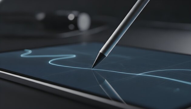 Digital pen writing on tablet screen no hands close up