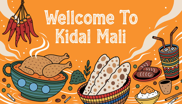 Welcome To Kidal Mali: Vibrant illustration of traditional Malian food, roasted chicken, bread, drinks, and spices on an orange background.