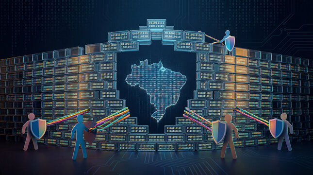 Digital fortress protecting brazil map with binary code walls and shielded figures representing cybersecurity and data protection