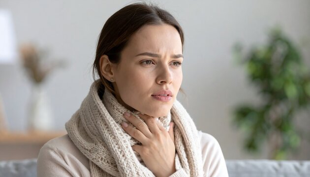 Young woman touching throat with mild sore throat expression, wearing warm winter scarf
