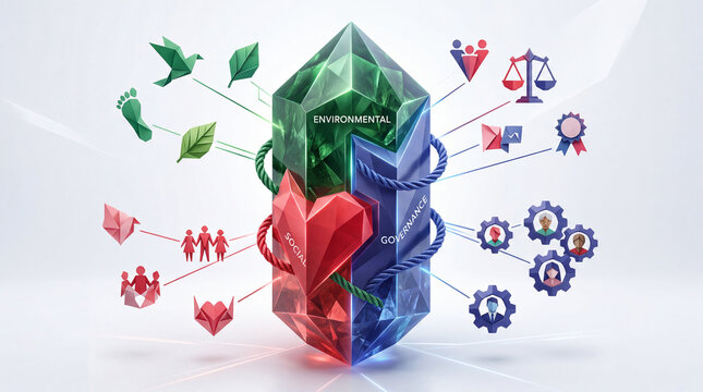 Three crystal pillars labeled environmental social governance with connected icons representing sustainability ethics and corporate responsibility