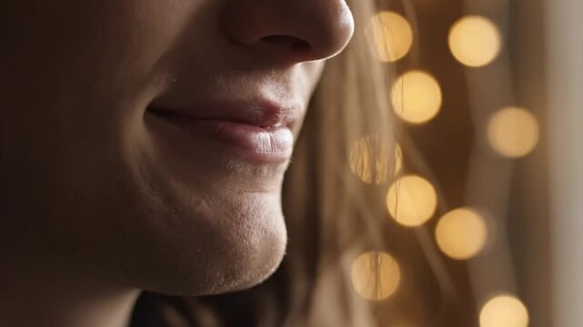 Close up of a womans mouth speaking with bokeh lights in the background.