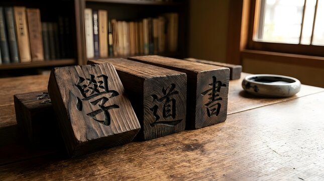 Japanese kanji characters carved on wooden blocks education background