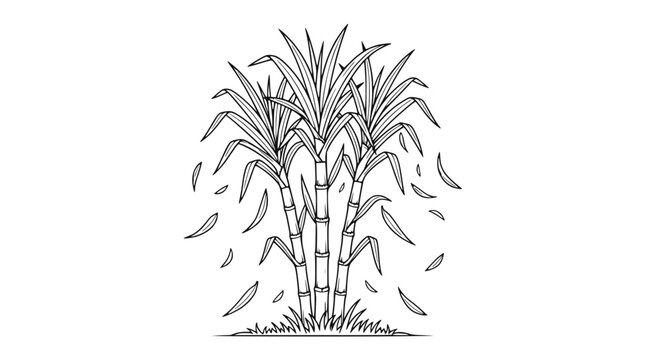 Sugarcane stalks with leaves illustration, hand-drawn sketch on white background
