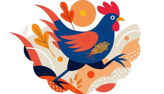 Whimsical Rooster Illustration with Autumn Leaves and Wheat Stalks - Festive Farm Animal Design