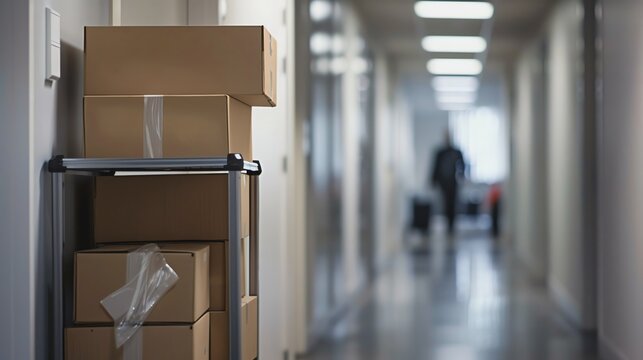 Stack of delivery boxes in office hallway.