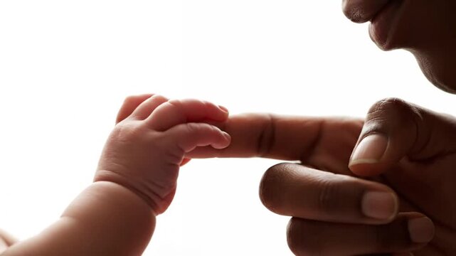 Close-up of a parents finger being held by a babys tiny hand.