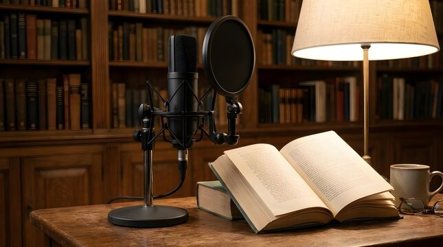Podcast microphone icon with open book audiobook literacy concept