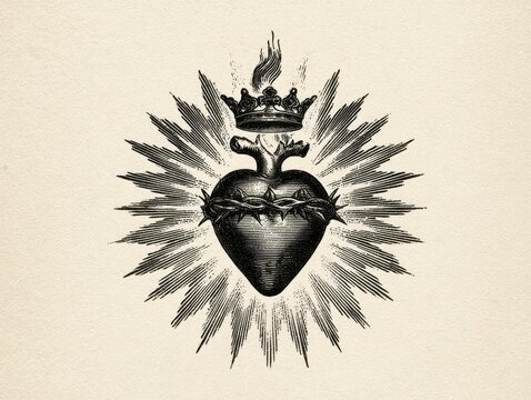 Vintage engraving of the sacred heart of jesus with a crown of thorns and a flaming crown, detailed black and white illustration on a textured cream background