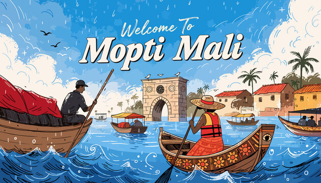 Welcome to Mopti Mali - Traditional Boats and Historic Archway on River Nile, Africa