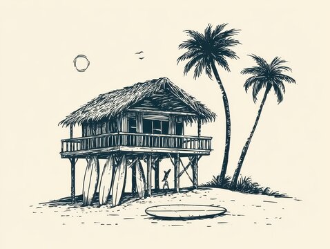 Hand drawn illustration of a beach hut on stilts with surfboards, palm trees, and a sun, vintage style sketch of a tropical coastal shack
