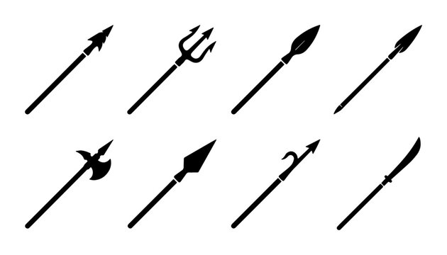 Collection of Ancient Weapon Icons: Spears, Trident, Halberd, and Saber Vector Graphics for History and Gaming