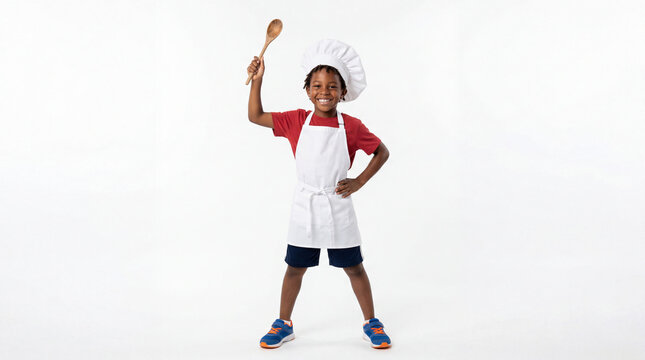 Child chef holding wooden spoon in white apron and hat smiling for cooking class or culinary education concept