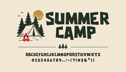 Vintage Summer Camp Display Font with Outdoor Adventure Illustration © 777SKYLABS