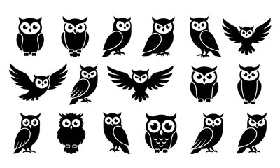 Naklejka premium Minimalist owl silhouette icons, set of 18 black bird vector graphics, flat wild animal symbols for logo design and branding