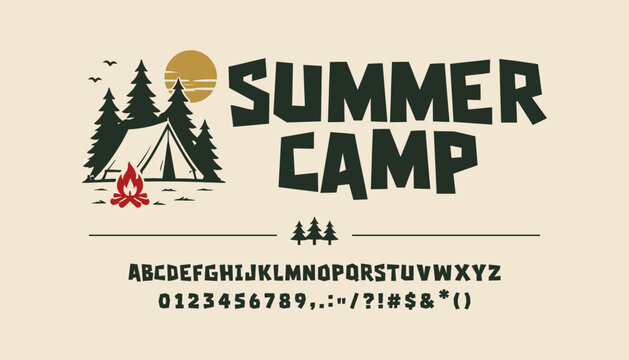 Vintage Summer Camp Display Font with Outdoor Adventure Illustration