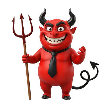 Funny cartoon devil character with a trident isolated on transparent background