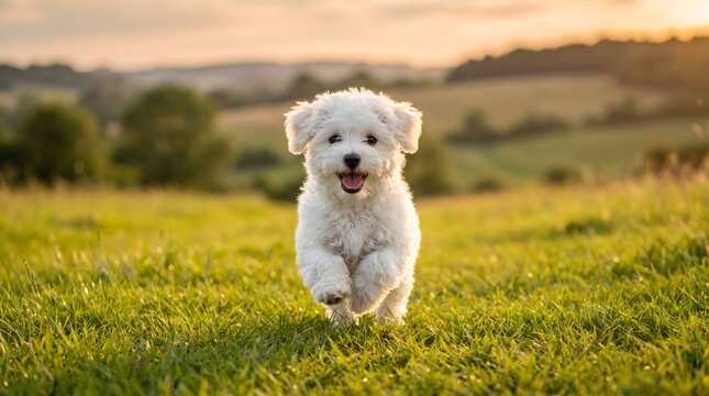 A happy white bichon frise puppy running through a green meadow during a beautiful golden sunset