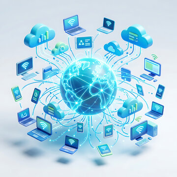 global interconnected digital network with cloud computing and data transfer on technology devices and worldwide communication