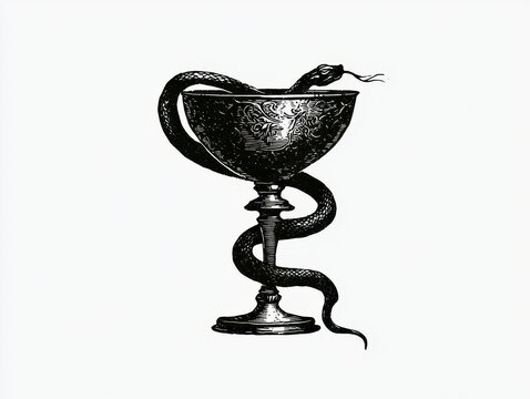 Vintage engraving of the bowl of hygieia, a symbol of pharmacy featuring a chalice and a serpent, black and white detailed illustration