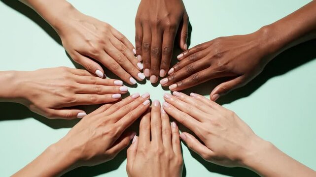 Diverse Hands Forming a Circle Symbolizing Unity and Teamwork.