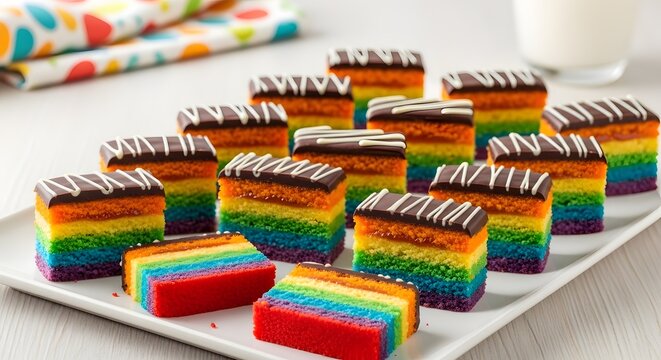 Rainbow Layered Cake Bites on Platter
Colorful Square Cakes with Chocolate Ganache
Vibrant Rainbow Cake Squares Dessert
