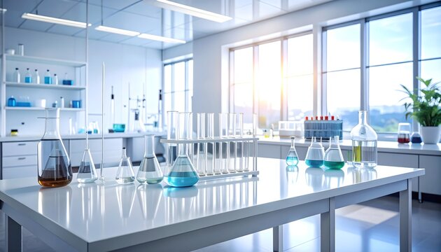Laboratorio moderno y luminoso con matraces, vasos y material de vidrio sobre mesas de trabajo