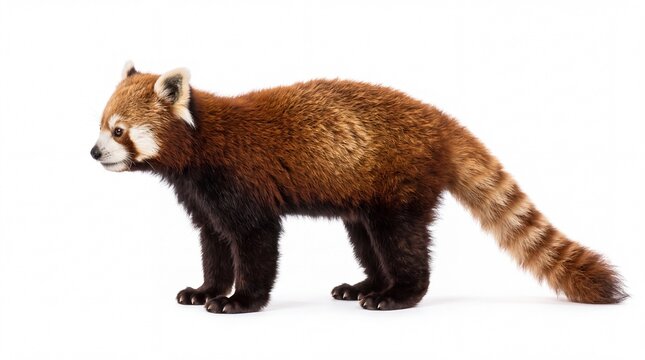 Cute red panda standing in side profile displaying fluffy fur and striped tail on white background
