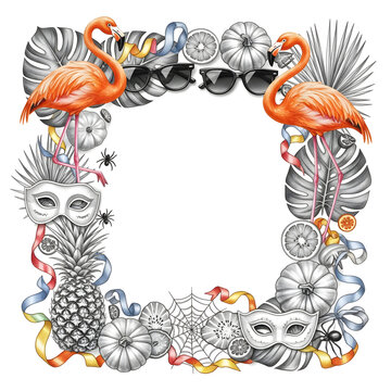 Tropical Halloween Flamingo Frame with Masks and Fruits