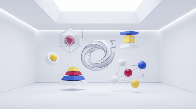 Floating abstract mathematical symbols educational geometric shapes complex scientific models empty white studio room contemporary classroom academic presentation background layout