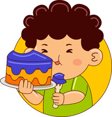 Cartoon Illustration of Boy Eating Cake