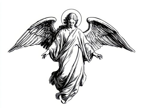 Angel with wings isolated on white background, religious illustration, divine being, celestial spirit, hand drawn style, spiritual art, angelic figure, wings spread