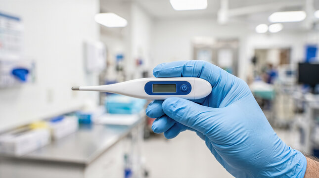 Healthcare professional wearing blue latex glove holding electronic medical thermometer diagnostic tool displaying blank screen standing inside bright sterile hospital clinic