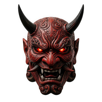 Traditional japanese hannya mask with glowing red eyes isolated on transparent background
