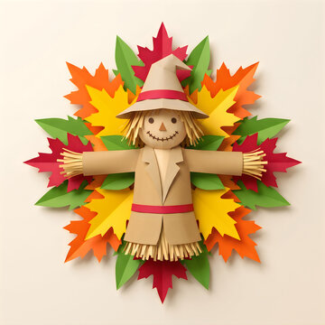 Smiling scarecrow figure with colorful autumn leaves background