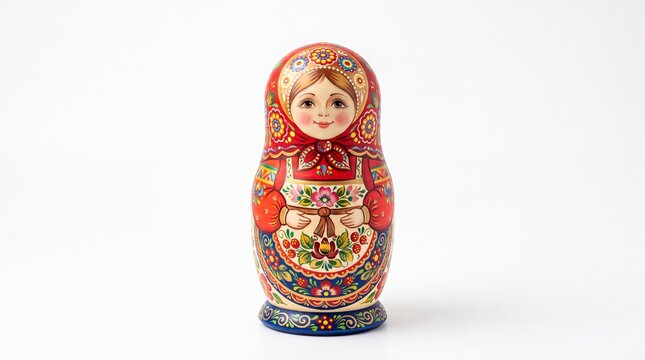 Traditional Russian matryoshka doll painted with colorful floral patterns and vibrant decorative details on white background