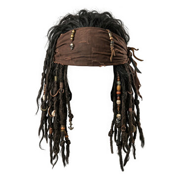 Pirate wig with dreadlocks and brown bandana isolated on transparent background
