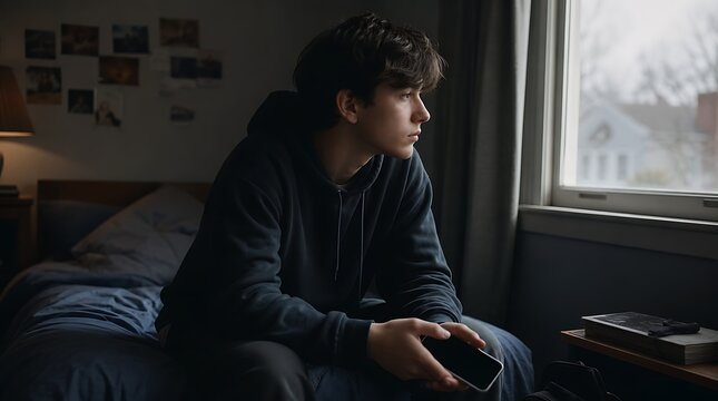 Thoughtful teenage boy sitting on bed holding smartphone looking out window in dim bedroom, mental health anxiety concept