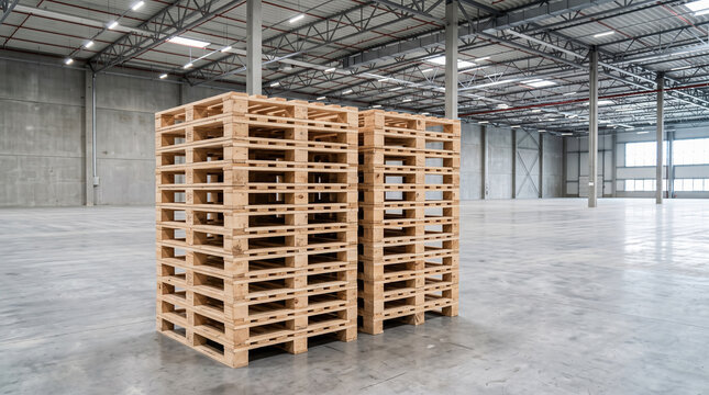 tall stacks of empty wooden shipping pallets standing together upon clean concrete floor inside massive bright modern industrial warehouse storage facility