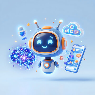 futuristic robot chatbot engaging with digital augmented reality interfaces and cloud data analytics on a sleek blue background