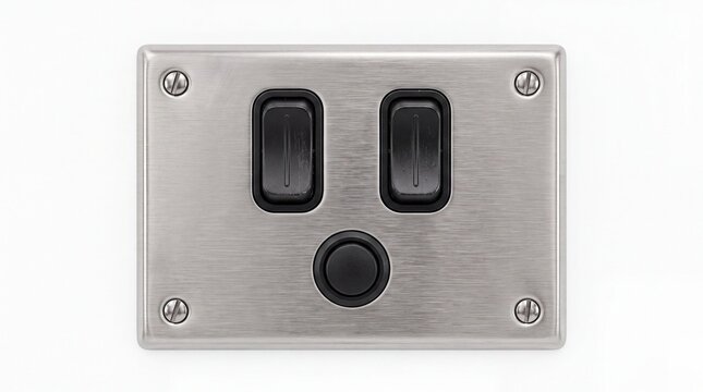 Modern brushed metal light switch plate featuring two black toggle buttons mounted on white background