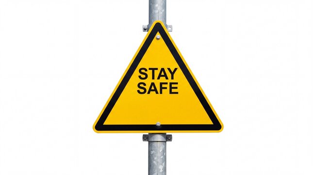 Yellow triangular metal road sign displaying the important message stay safe isolated on white background