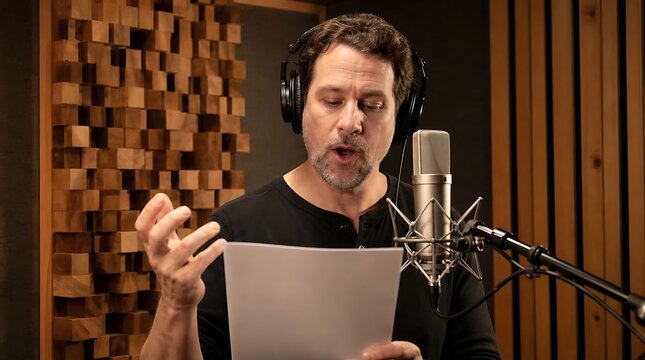 Expressive male voice actor gesturing while reading script at studio microphone in soundproof booth, professional audio dubbing concept