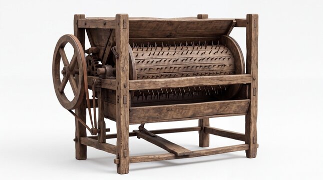 Antique wooden threshing machine featuring rustic spiked cylinders and industrial mechanical gears standing on white background