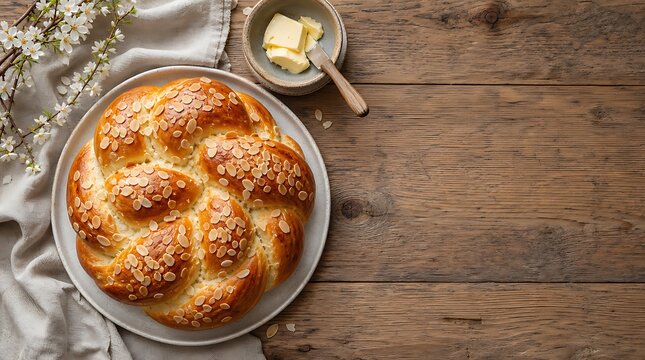 Flatlay of braided sweet easter bread topped with flaked almonds beside butter dish on wooden background, traditional easter baking concept